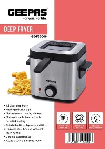 Geepas 1.5L Deep Fryer – 900W, Stainless Steel, Viewing Window, Non-Stick Basket, Adjustable Temperature Control - GDF36016 - Damoo