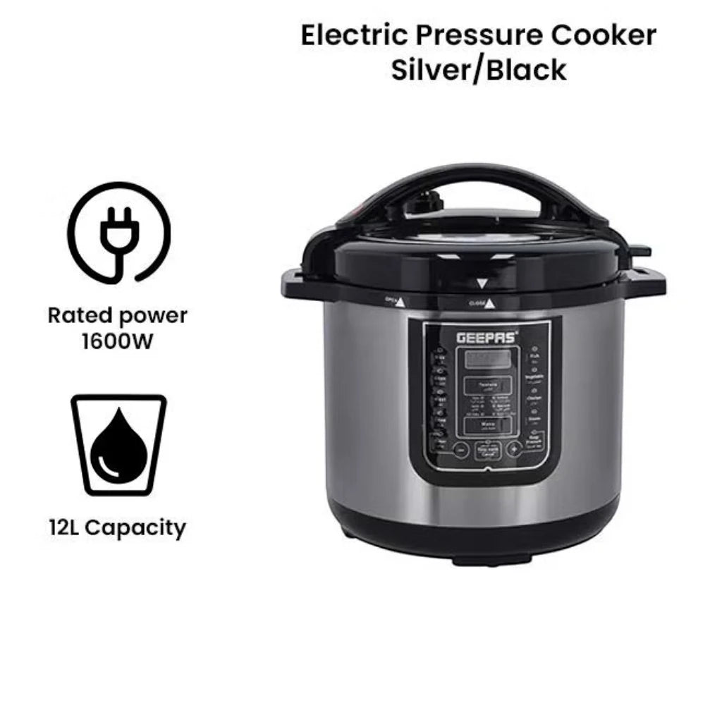 Geepas 12L Digital Multi Cooker – 1600W Electric Pressure Cooker with LED Display, 14 Smart Cooking Programs, Touch Control, Auto Shut Off, and Non-Stick Inner Pot – GMC35030 - Silver/Black - Damoo