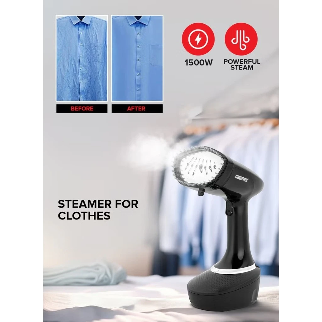 Geepas 1500W Handheld Garment Steamer | Vertical Steaming, 400ml Water Tank | Stainless Steel Panel | Safe for All Fabrics | Anti-Lint Brush & 360° Swivel Cord – GGS25041 (Black) - Damoo