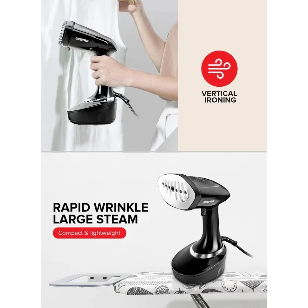 Geepas 1500W Handheld Garment Steamer | Vertical Steaming, 400ml Water Tank | Stainless Steel Panel | Safe for All Fabrics | Anti-Lint Brush & 360° Swivel Cord – GGS25041 (Black) - Damoo