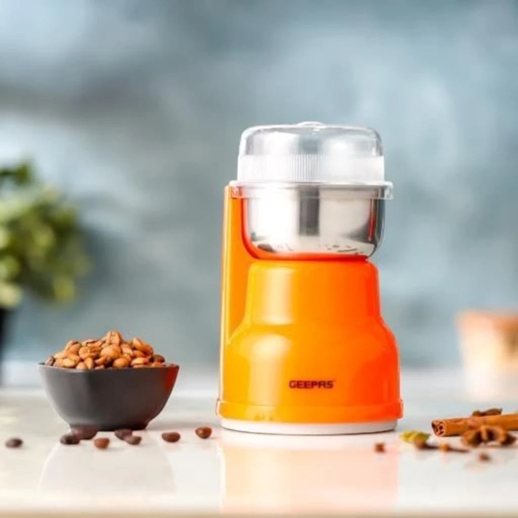 Geepas 150W Electric Coffee Grinder – Stainless Steel Blade & Removable Steel Cup, Overheat Protection, Multipurpose Grinder for Coffee Beans, Nuts, Spices & Dried Fruits – Orange - GCG41018 - Damoo