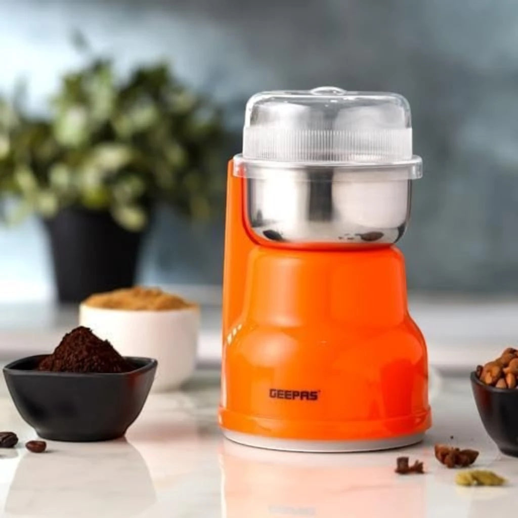 Geepas 150W Electric Coffee Grinder – Stainless Steel Blade & Removable Steel Cup, Overheat Protection, Multipurpose Grinder for Coffee Beans, Nuts, Spices & Dried Fruits – Orange - GCG41018 - Damoo