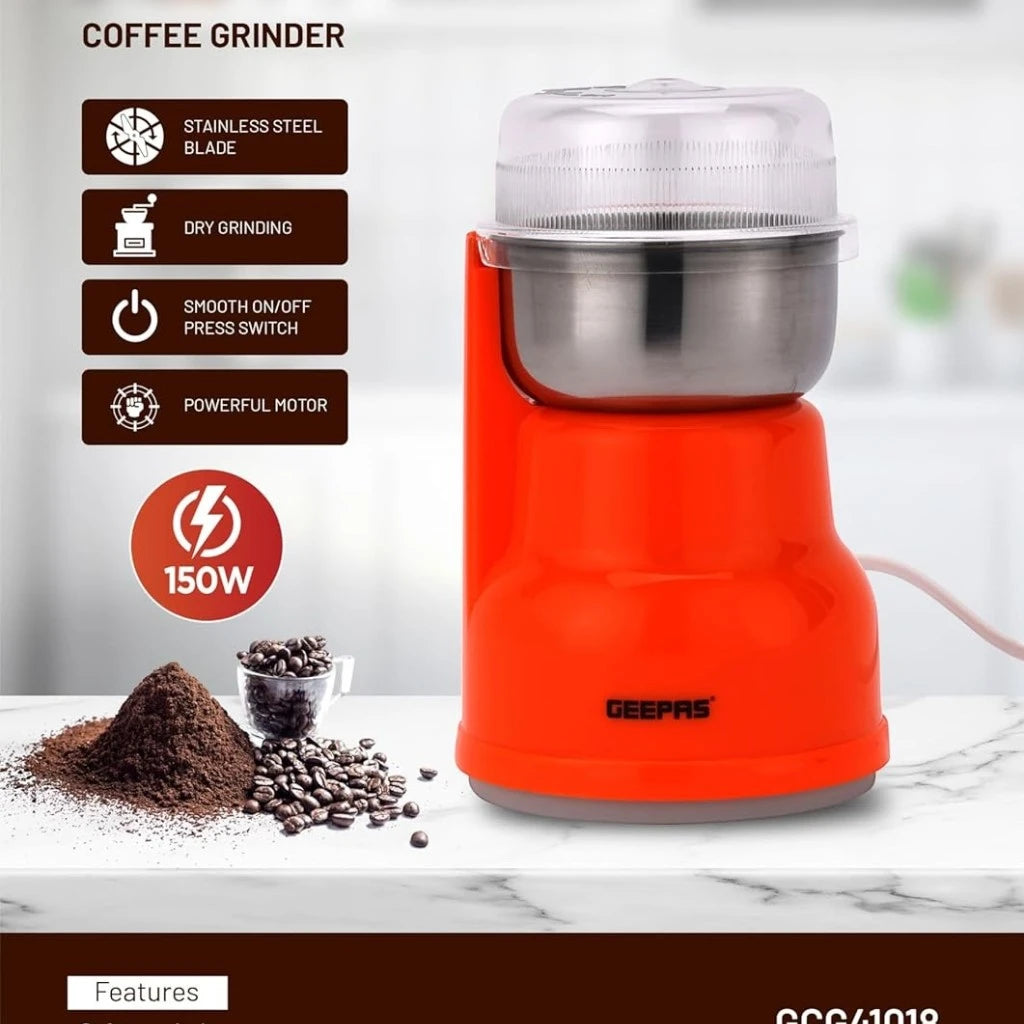 Geepas 150W Electric Coffee Grinder – Stainless Steel Blade & Removable Steel Cup, Overheat Protection, Multipurpose Grinder for Coffee Beans, Nuts, Spices & Dried Fruits – Orange - GCG41018 - Damoo