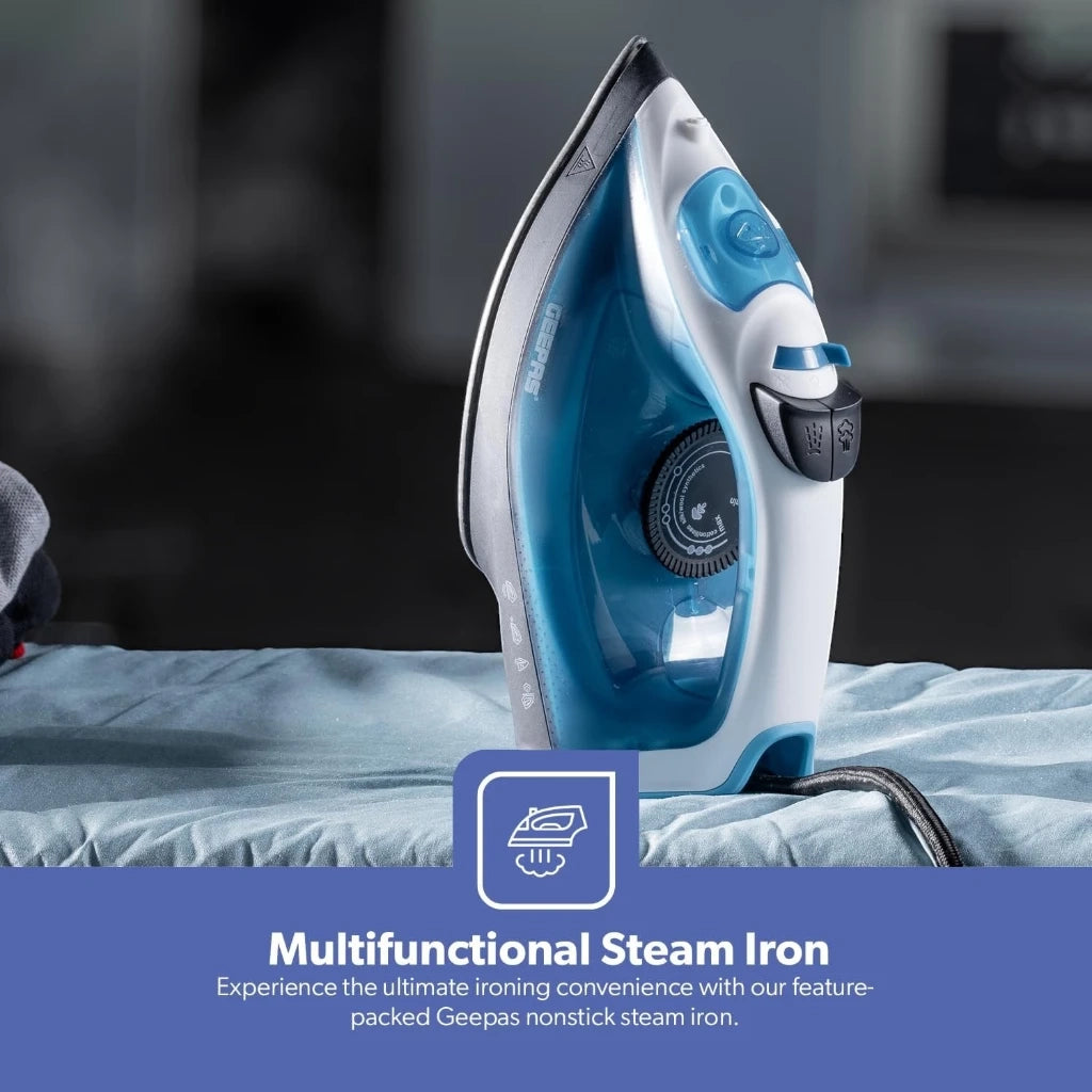 Geepas 1800W Multifunctional Steam Iron with Non-Stick Soleplate, 120ml Water Tank, Adjustable Temperature Control, Vertical Steam, Burst & Spray Function – GSI7783N - Damoo