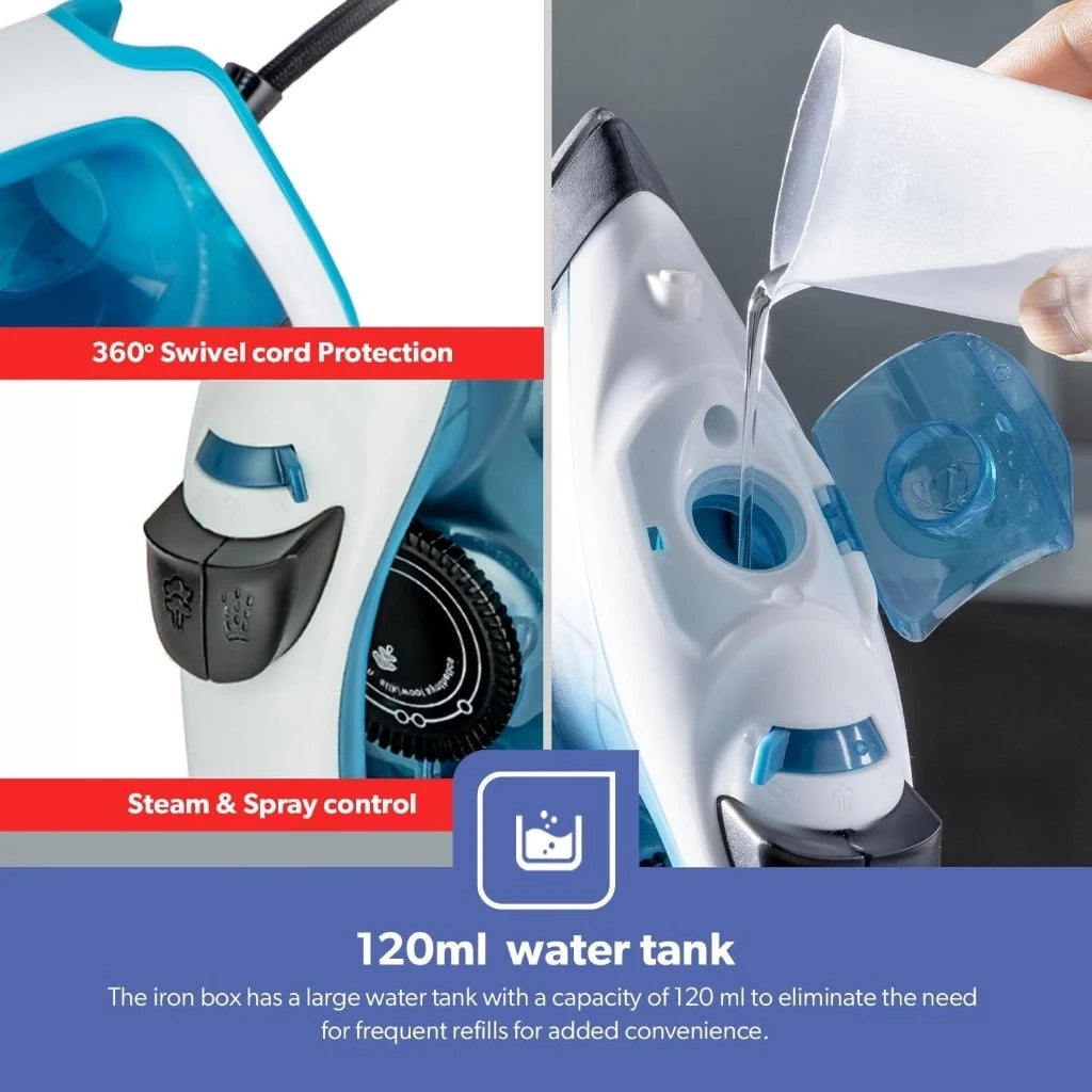 Geepas 1800W Multifunctional Steam Iron with Non-Stick Soleplate, 120ml Water Tank, Adjustable Temperature Control, Vertical Steam, Burst & Spray Function – GSI7783N - Damoo