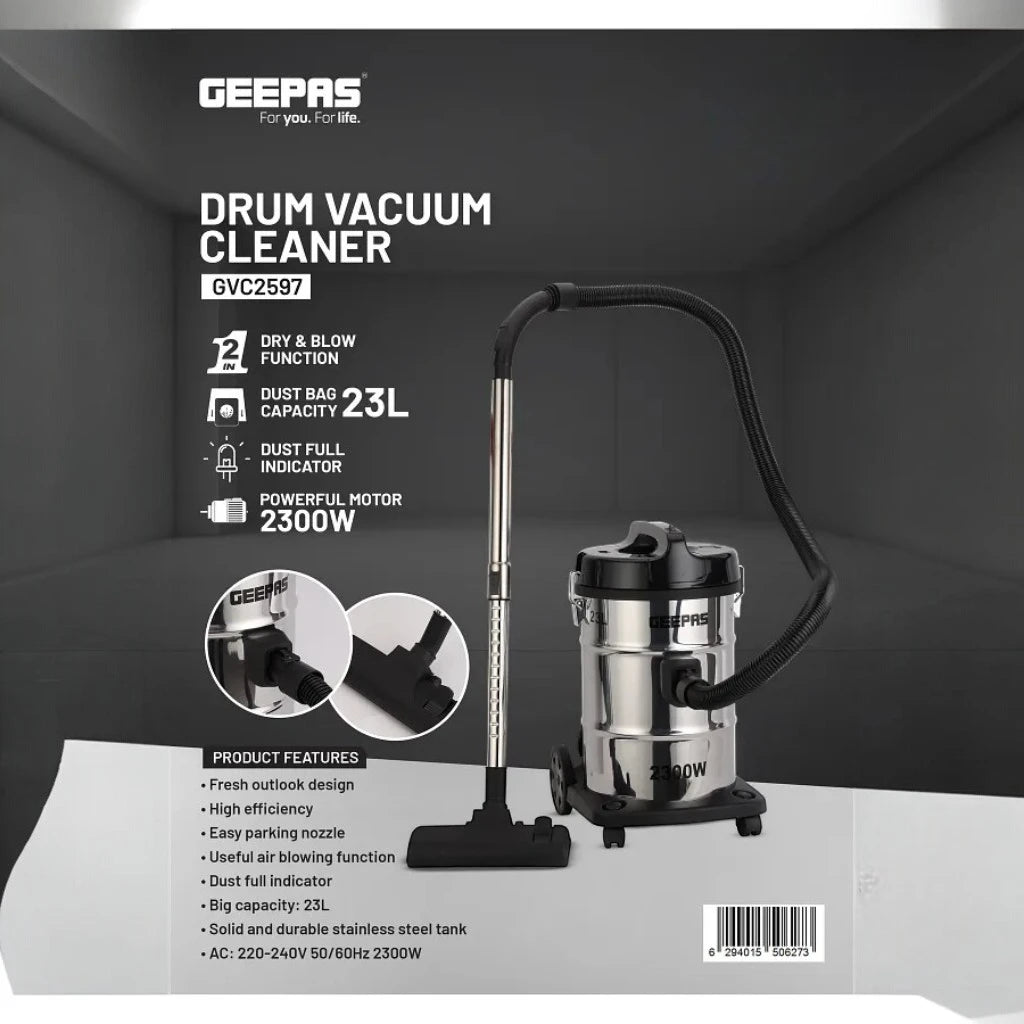 Geepas 2-in-1 Blow & Dry Vacuum Cleaner – 2300W High-Power Copper Motor, 23L Stainless Steel Tank, Dust Full Indicator, Multi-Surface Cleaning, Lightweight – GVC2597 – Silver/Black - Damoo