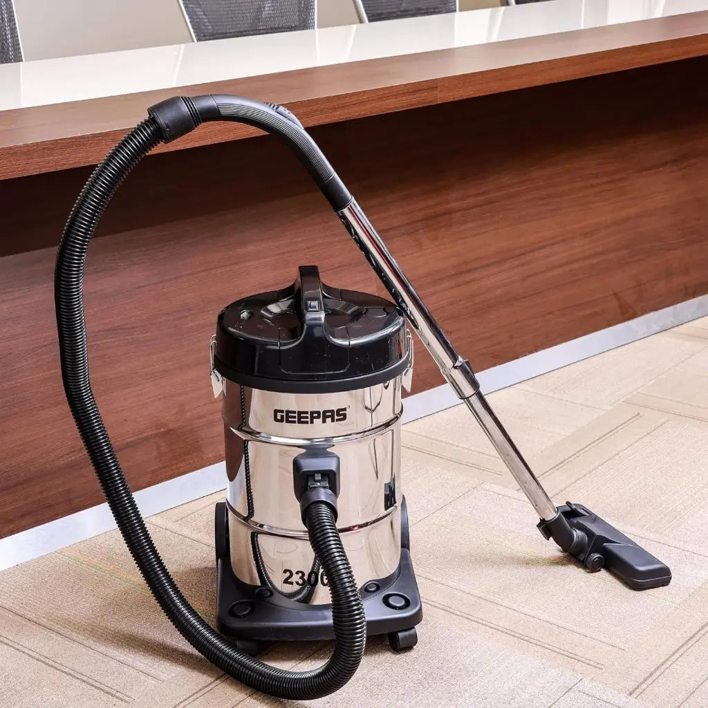 Geepas 2-in-1 Blow & Dry Vacuum Cleaner – 2300W High-Power Copper Motor, 23L Stainless Steel Tank, Dust Full Indicator, Multi-Surface Cleaning, Lightweight – GVC2597 – Silver/Black - Damoo