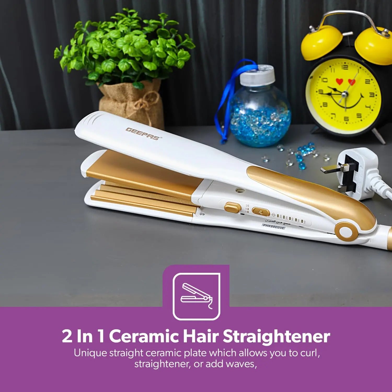 Geepas 2-in-1 Ceramic Hair Straightener & Curler – Neo Wave Technology, Adjustable Temperature, 360° Swivel Cord – For Straight, Wavy & Curly Hair – Ideal for All Hair Types - Damoo