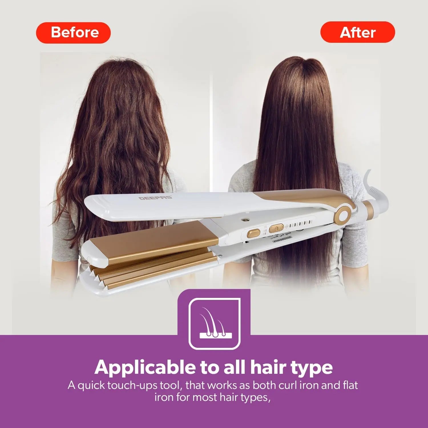 Geepas 2-in-1 Ceramic Hair Straightener & Curler – Neo Wave Technology, Adjustable Temperature, 360° Swivel Cord – For Straight, Wavy & Curly Hair – Ideal for All Hair Types - Damoo