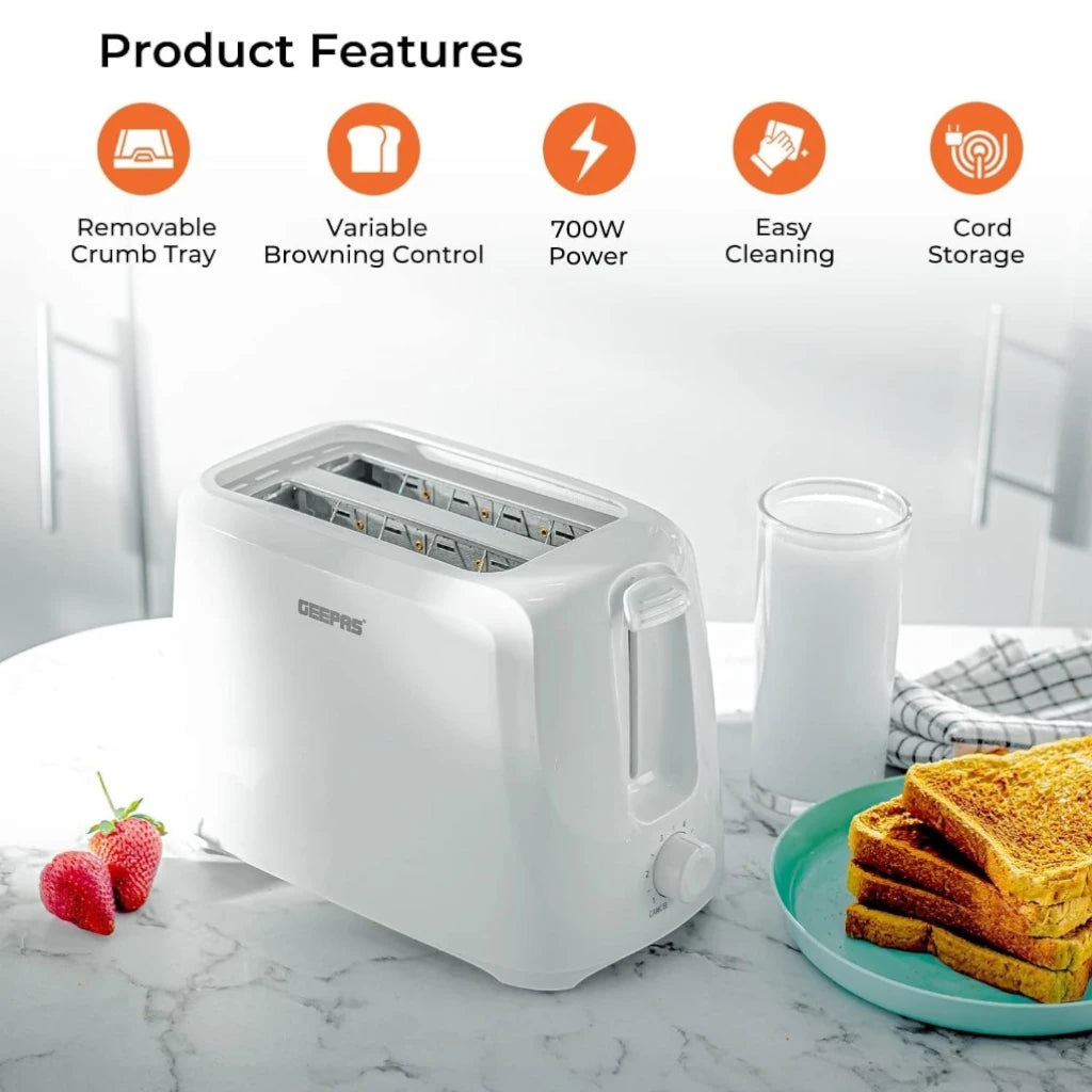 Geepas 2-Slice Bread Toaster – 700W, 6 Browning Settings, Removable Crumb Tray, High Lift, Cord Storage – White | GBT36515 - Damoo