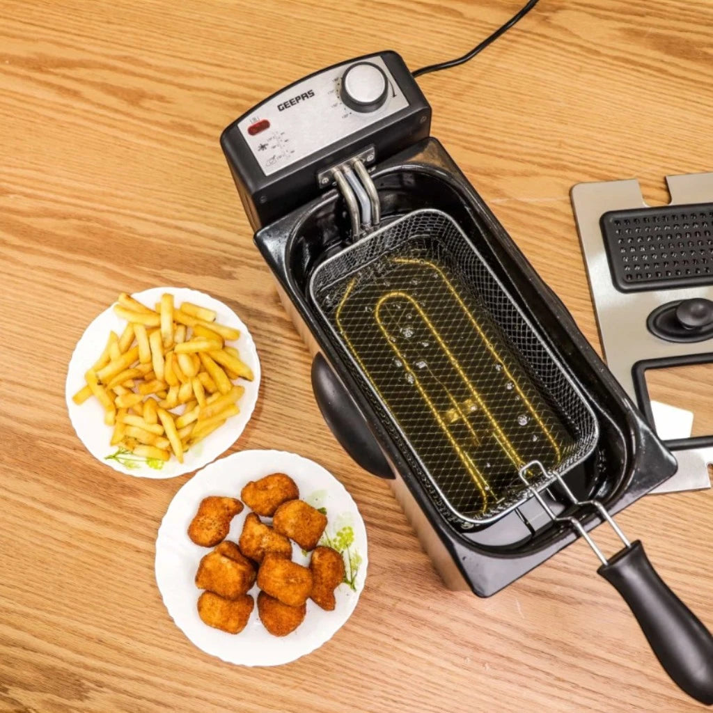 Geepas 2000W Deep Fryer with 3L Oil Capacity, Dual Baskets, Adjustable Temperature & Timer – Overheat Protection, Stainless Steel – Silver/Black - GDF36015 - Damoo