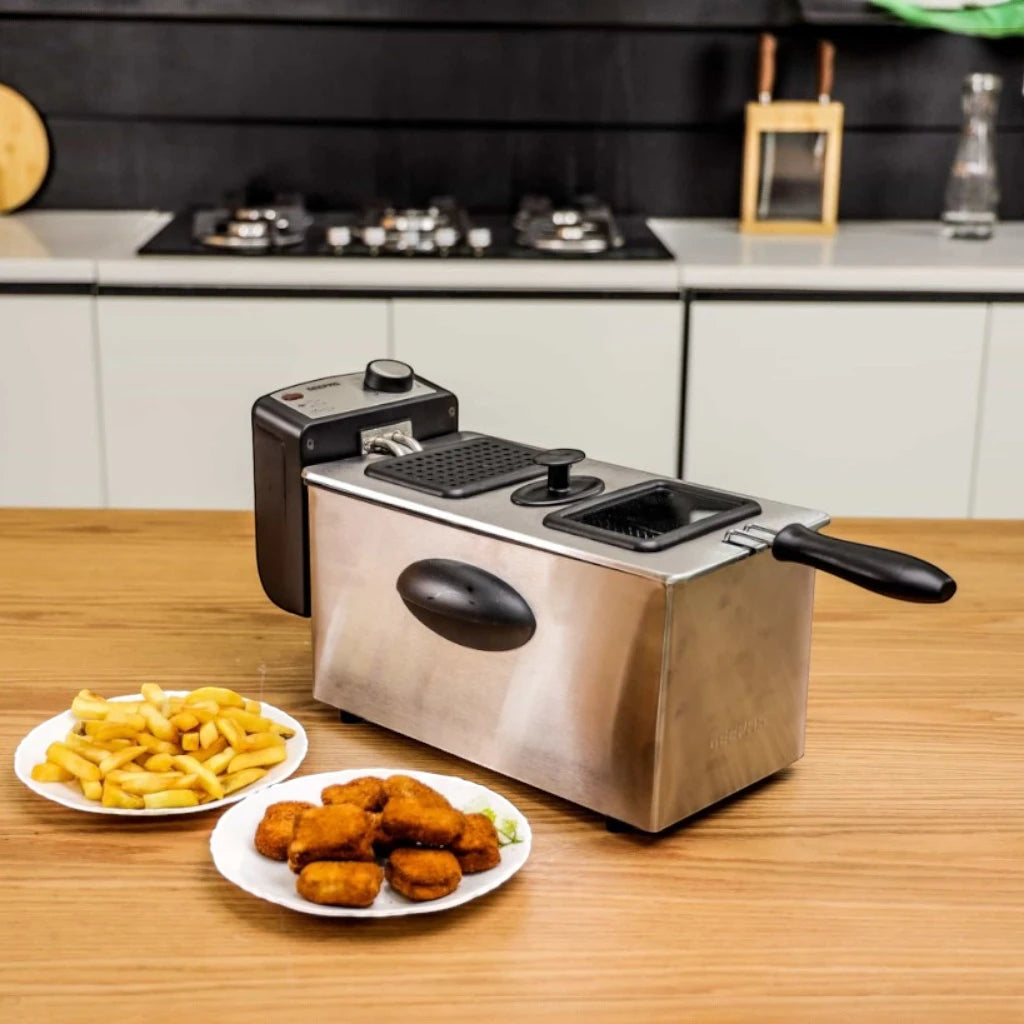 Geepas 2000W Deep Fryer with 3L Oil Capacity, Dual Baskets, Adjustable Temperature & Timer – Overheat Protection, Stainless Steel – Silver/Black - GDF36015 - Damoo