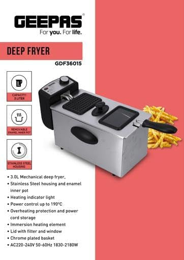 Geepas 2000W Deep Fryer with 3L Oil Capacity, Dual Baskets, Adjustable Temperature & Timer – Overheat Protection, Stainless Steel – Silver/Black - GDF36015 - Damoo