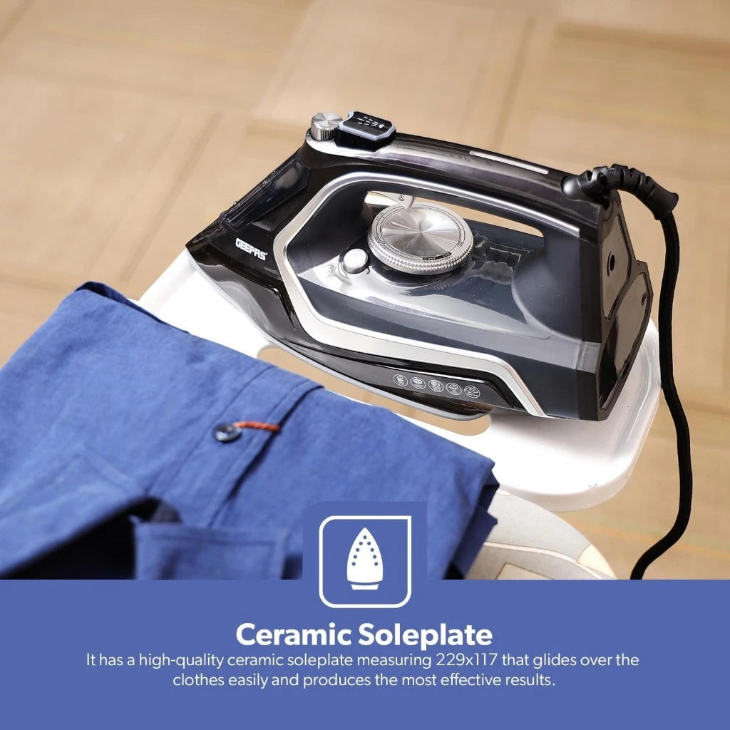 Geepas 2200W Steam Iron – Dry & Wet Ironing with Adjustable Temperature, Ceramic Soleplate, Vertical Steam & Steam Burst Function, Large Water Tank, Self-Clean Feature – Black | GSI7801N - Damoo