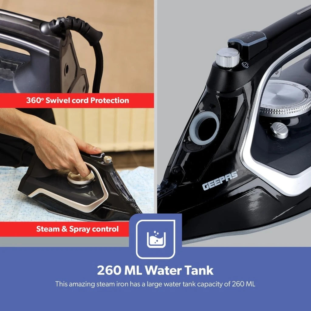 Geepas 2200W Steam Iron – Dry & Wet Ironing with Adjustable Temperature, Ceramic Soleplate, Vertical Steam & Steam Burst Function, Large Water Tank, Self-Clean Feature – Black | GSI7801N - Damoo