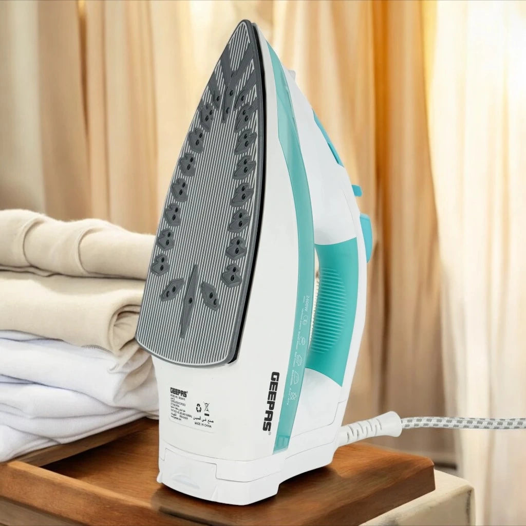 Geepas 2400W Cord and Cordless Steam Iron – Ceramic Soleplate, Adjustable Temperature Control, Self-Cleaning Function, Vertical and Burst Steam, Dry Ironing, Lightweight – GSI24015 - Damoo