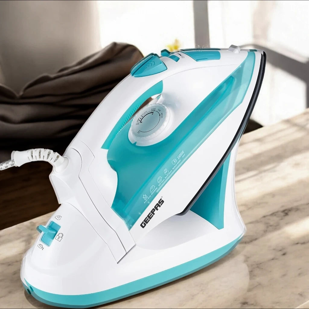 Geepas 2400W Cord and Cordless Steam Iron – Ceramic Soleplate, Adjustable Temperature Control, Self-Cleaning Function, Vertical and Burst Steam, Dry Ironing, Lightweight – GSI24015 - Damoo
