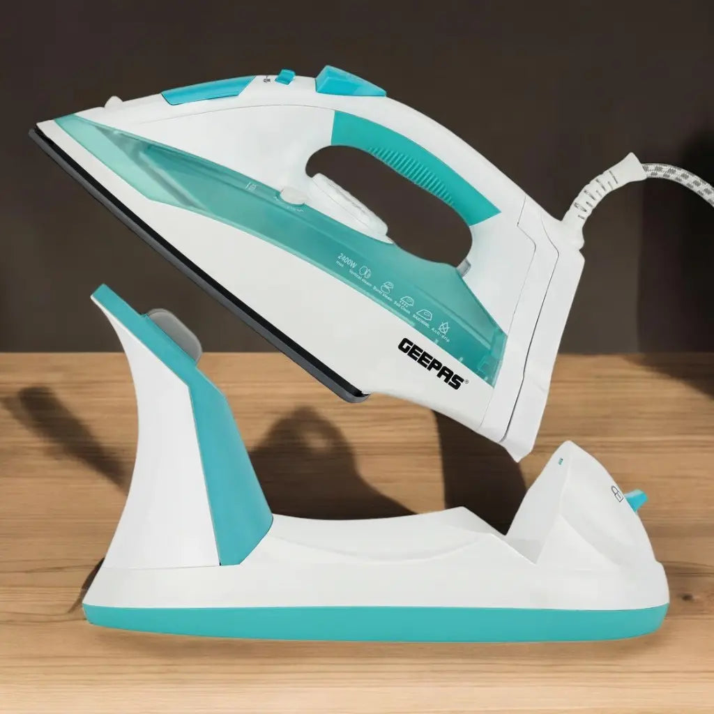 Geepas 2400W Cord and Cordless Steam Iron – Ceramic Soleplate, Adjustable Temperature Control, Self-Cleaning Function, Vertical and Burst Steam, Dry Ironing, Lightweight – GSI24015 - Damoo