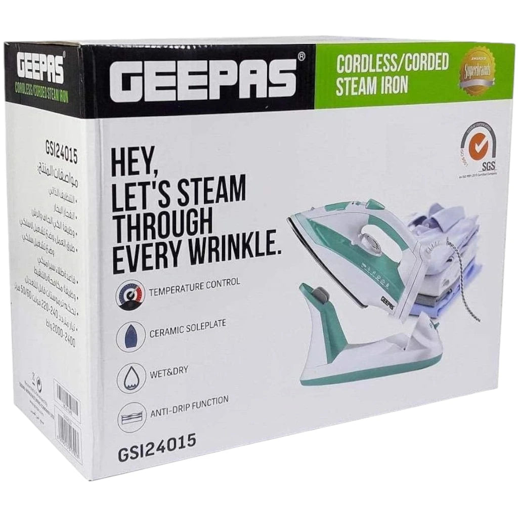 Geepas 2400W Cord and Cordless Steam Iron – Ceramic Soleplate, Adjustable Temperature Control, Self-Cleaning Function, Vertical and Burst Steam, Dry Ironing, Lightweight – GSI24015 - Damoo