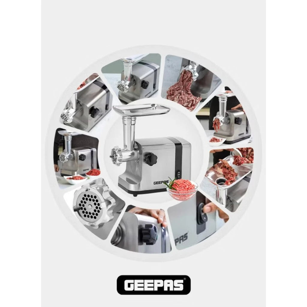Geepas 2500W Stainless Steel Electric Meat Grinder – Reverse Function, 3 Cutting Plates (3mm/5mm/7mm), Sausage & Kubbe Attachments, Metal Gears – Heavy Duty Meat Mincer - GMG42506 - Damoo