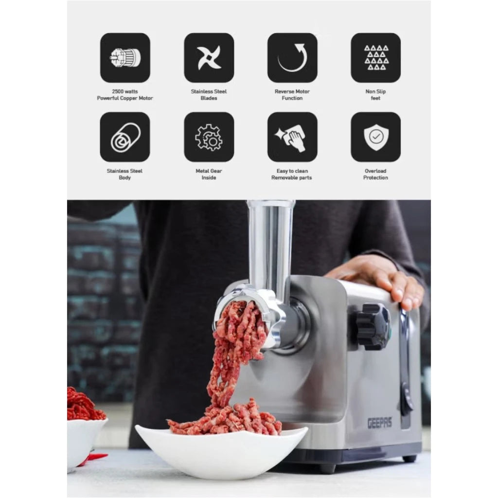Geepas 2500W Stainless Steel Electric Meat Grinder – Reverse Function, 3 Cutting Plates (3mm/5mm/7mm), Sausage & Kubbe Attachments, Metal Gears – Heavy Duty Meat Mincer - GMG42506 - Damoo