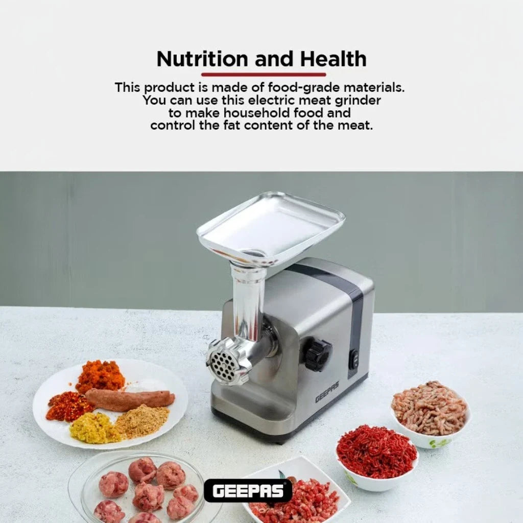 Geepas 2500W Stainless Steel Electric Meat Grinder – Reverse Function, 3 Cutting Plates (3mm/5mm/7mm), Sausage & Kubbe Attachments, Metal Gears – Heavy Duty Meat Mincer - GMG42506 - Damoo
