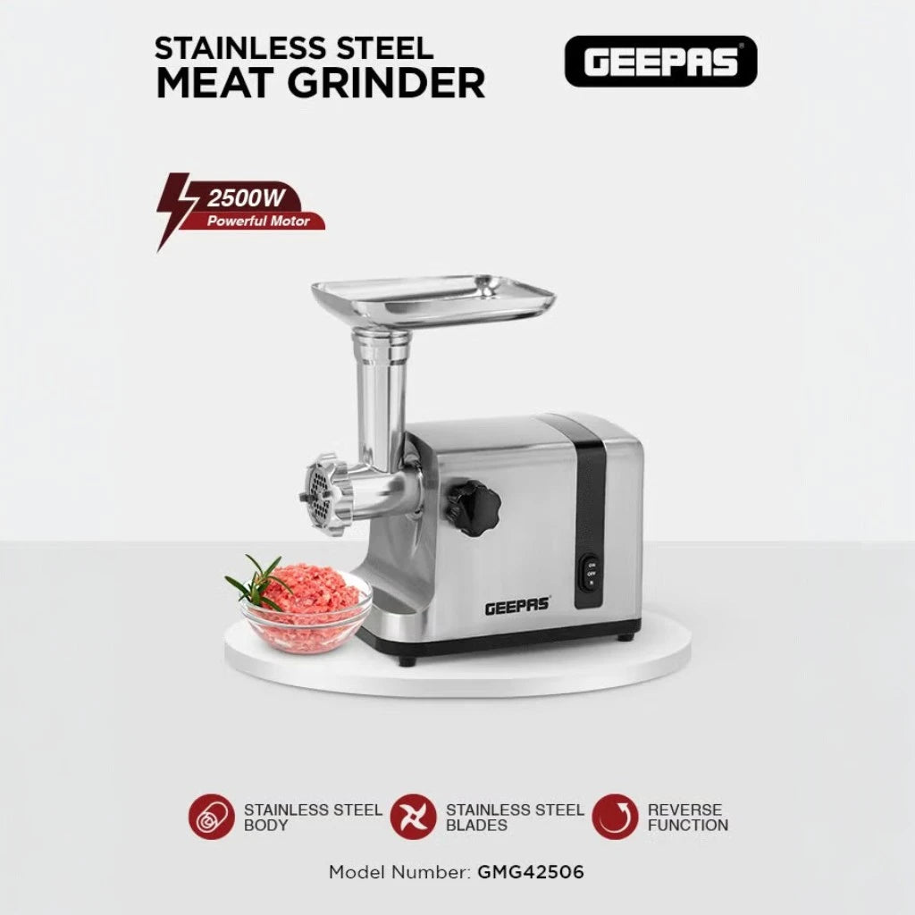 Geepas 2500W Stainless Steel Electric Meat Grinder – Reverse Function, 3 Cutting Plates (3mm/5mm/7mm), Sausage & Kubbe Attachments, Metal Gears – Heavy Duty Meat Mincer - GMG42506 - Damoo