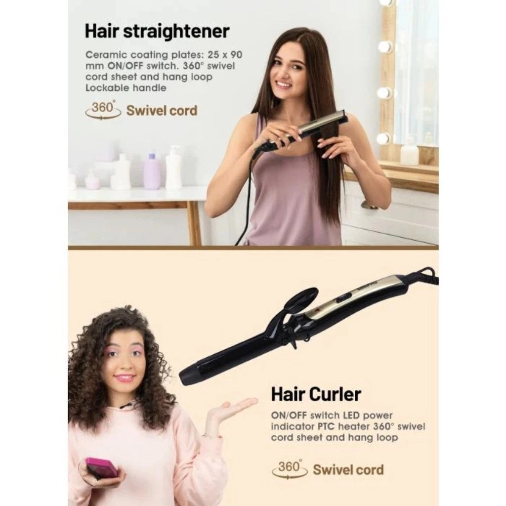 Geepas 3-in-1 Hair Styling Set – 2200W Hair Dryer, 28W Ceramic Straightener, 32W 25mm Hair Curler – 2 Speed, 3 Heat Settings, Cool Shot, Infrared Technology, Ideal for Short & Long Hair – GHF86055 - Damoo