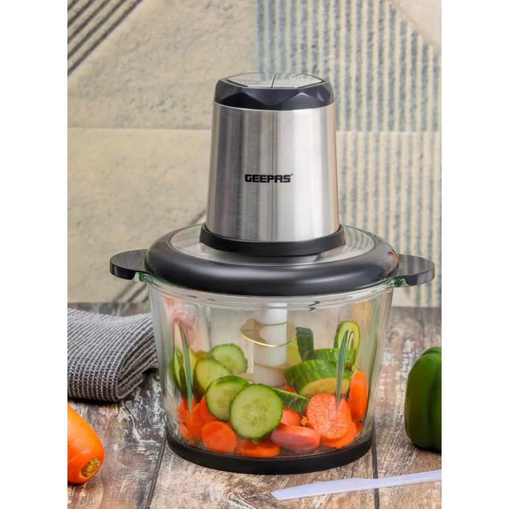 Geepas 3L Electric Multi Chopper – 500W Food Processor with 4 Stainless Steel Blades, 2 Speed Settings & Detachable Design – Chops Meat, Vegetables, Fruits – Black & Silver - Damoo