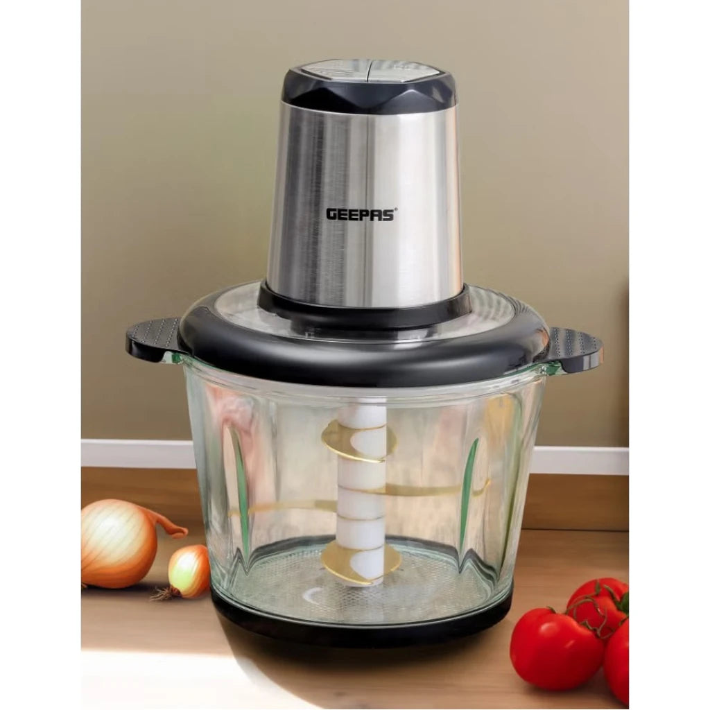 Geepas 3L Electric Multi Chopper – 500W Food Processor with 4 Stainless Steel Blades, 2 Speed Settings & Detachable Design – Chops Meat, Vegetables, Fruits – Black & Silver - Damoo