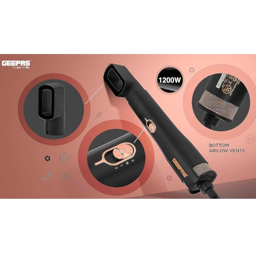Geepas 4-in-1 Hair Styler with 3 Speed & Heat Settings – 1200W Salon-Grade Blow Dryer Brush with 3 Interchangeable Heads, 360° Swivel Cord & Hanging Loop – Curl, Volumize & Straighten - GH86067 - Damoo