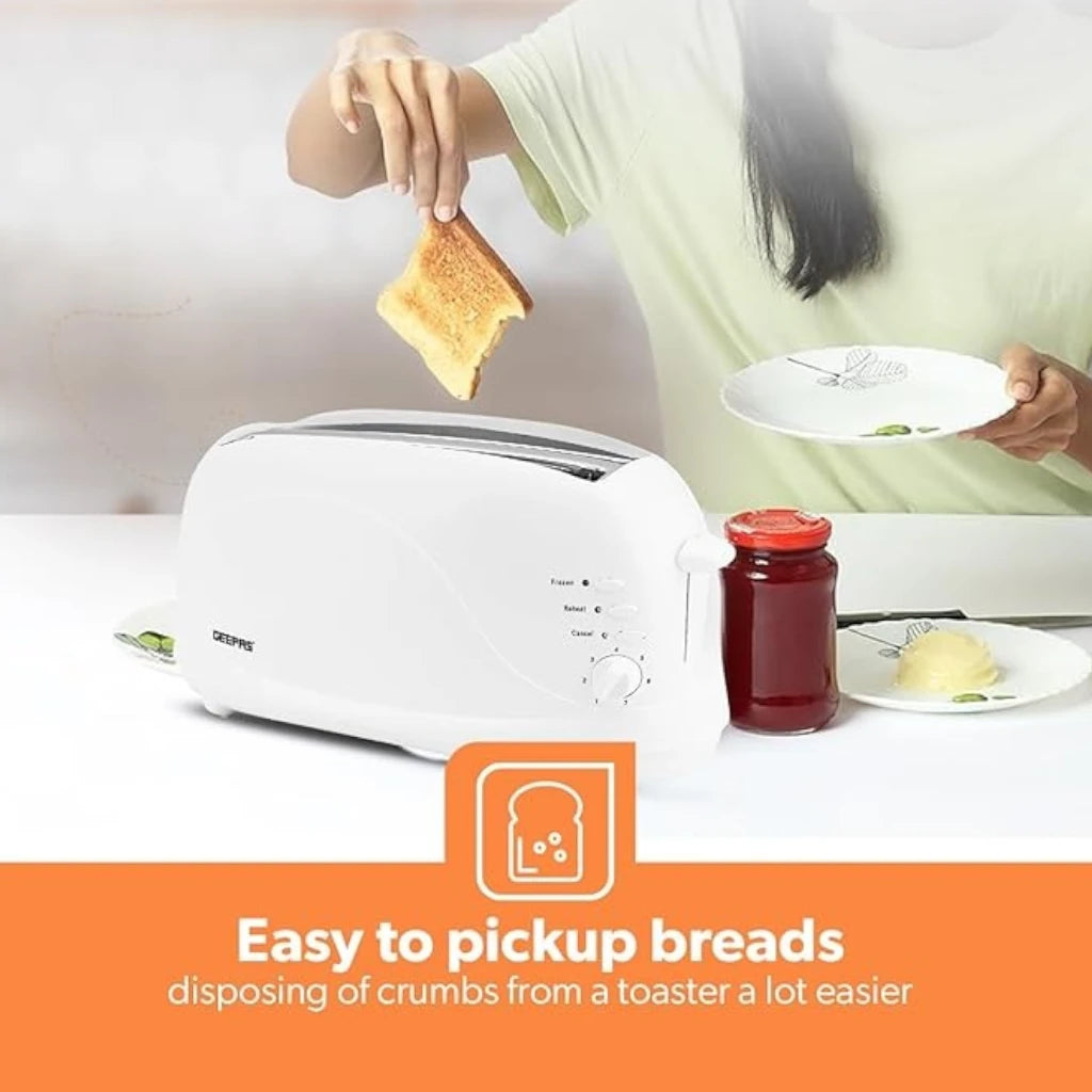 GEEPAS 4-Slice Bread Toaster GBT9895 – 1100W, 7 Browning Levels, Cancel/Defrost/Reheat Functions, Removable Crumb Tray, Cord Storage – White - Damoo