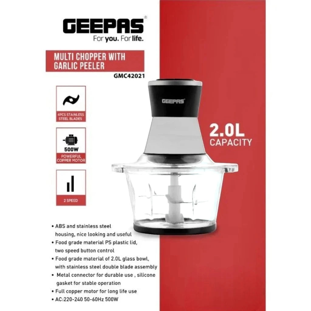 Geepas 500W Multi Chopper with 2L Glass Bowl, 4 Stainless Steel Blades, Copper Motor, 2-Speed Control, Overheat Protection, Safety Lock – GMC42021 - Damoo