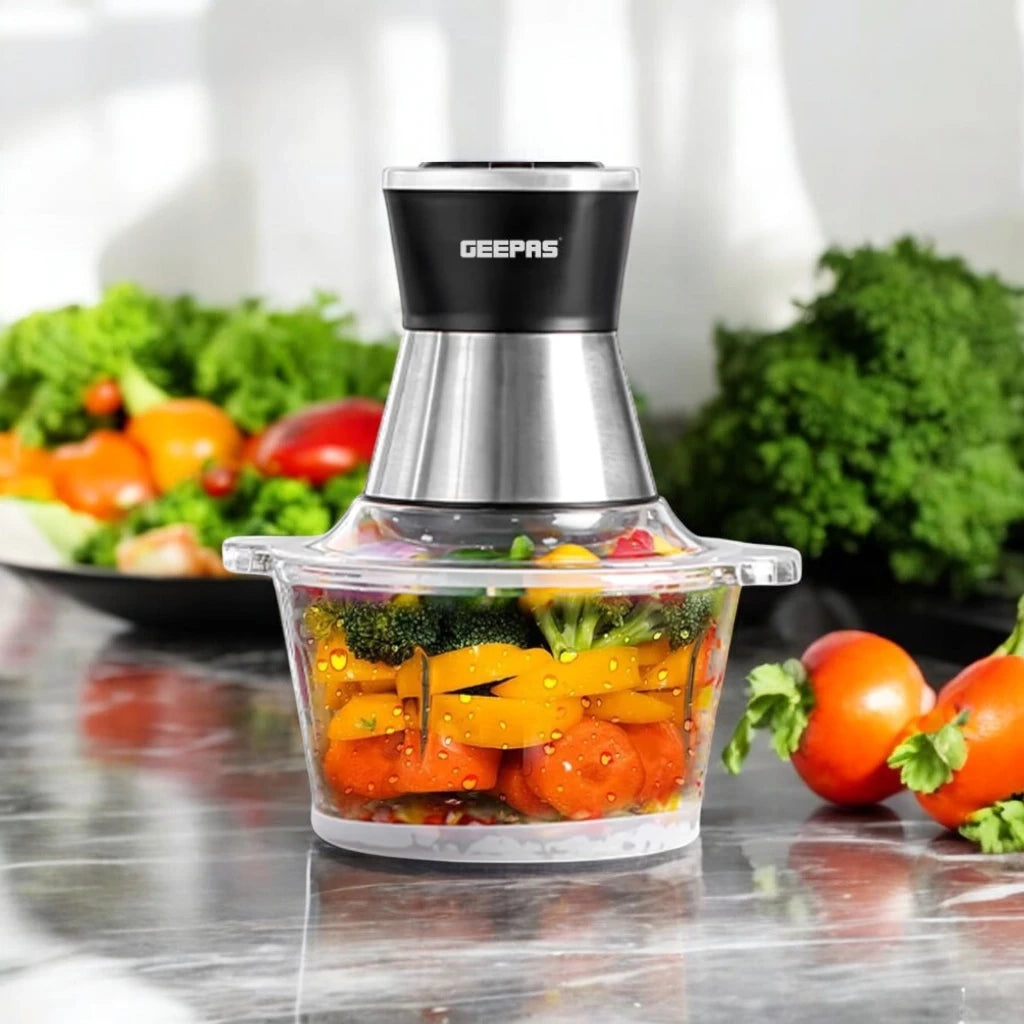 Geepas 500W Multi Chopper with 2L Glass Bowl, 4 Stainless Steel Blades, Copper Motor, 2-Speed Control, Overheat Protection, Safety Lock – GMC42021 - Damoo