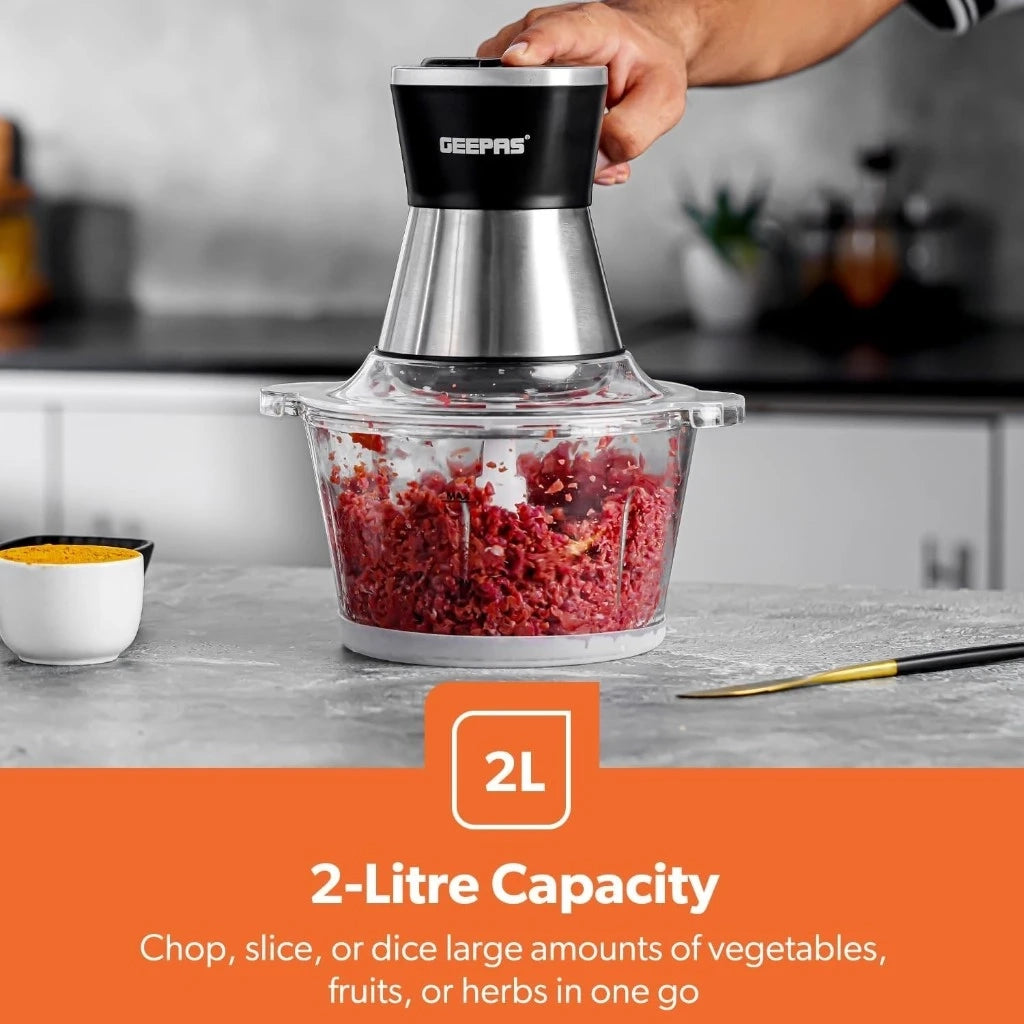 Geepas 500W Multi Chopper with 2L Glass Bowl, 4 Stainless Steel Blades, Copper Motor, 2-Speed Control, Overheat Protection, Safety Lock – GMC42021 - Damoo