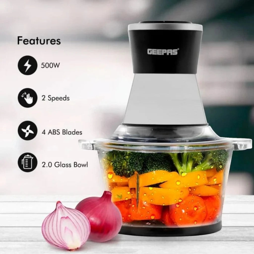 Geepas 500W Multi Chopper with 2L Glass Bowl, 4 Stainless Steel Blades, Copper Motor, 2-Speed Control, Overheat Protection, Safety Lock – GMC42021 - Damoo