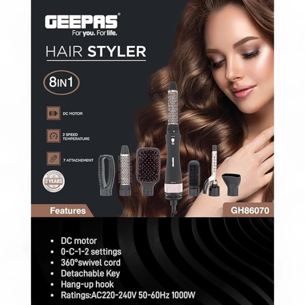 Geepas 8-in-1 Hair Styler GH86070 | 1000W Multi-Functional Hair Styling Tool with 7 Attachments | 2 Speed & Cool Settings | Ceramic Coated | 360° Swivel Cord | Black & Gold - Damoo