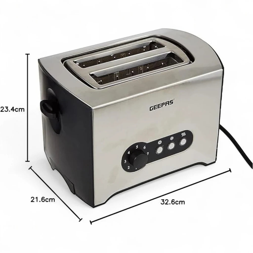 Geepas 900W 2-Slice Stainless Steel Toaster with Defrost, Reheat & Cancel Functions, High Lift & Lock Lever, Wide Slots & Removable Crumb Tray – Cool Touch Design - GBT6152 - Damoo