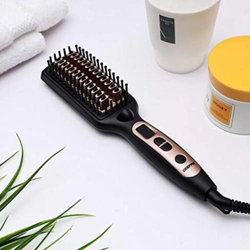 Geepas Ceramic Hair Straightening Brush – 45W, Digital Temperature Control (80-230°C), LED Display, Anti-Scald, 60-Min Auto Shut-Off, 360° Swivel Cord, Fast Heating, Travel-Friendly – Black - GHBS86037 - Damoo