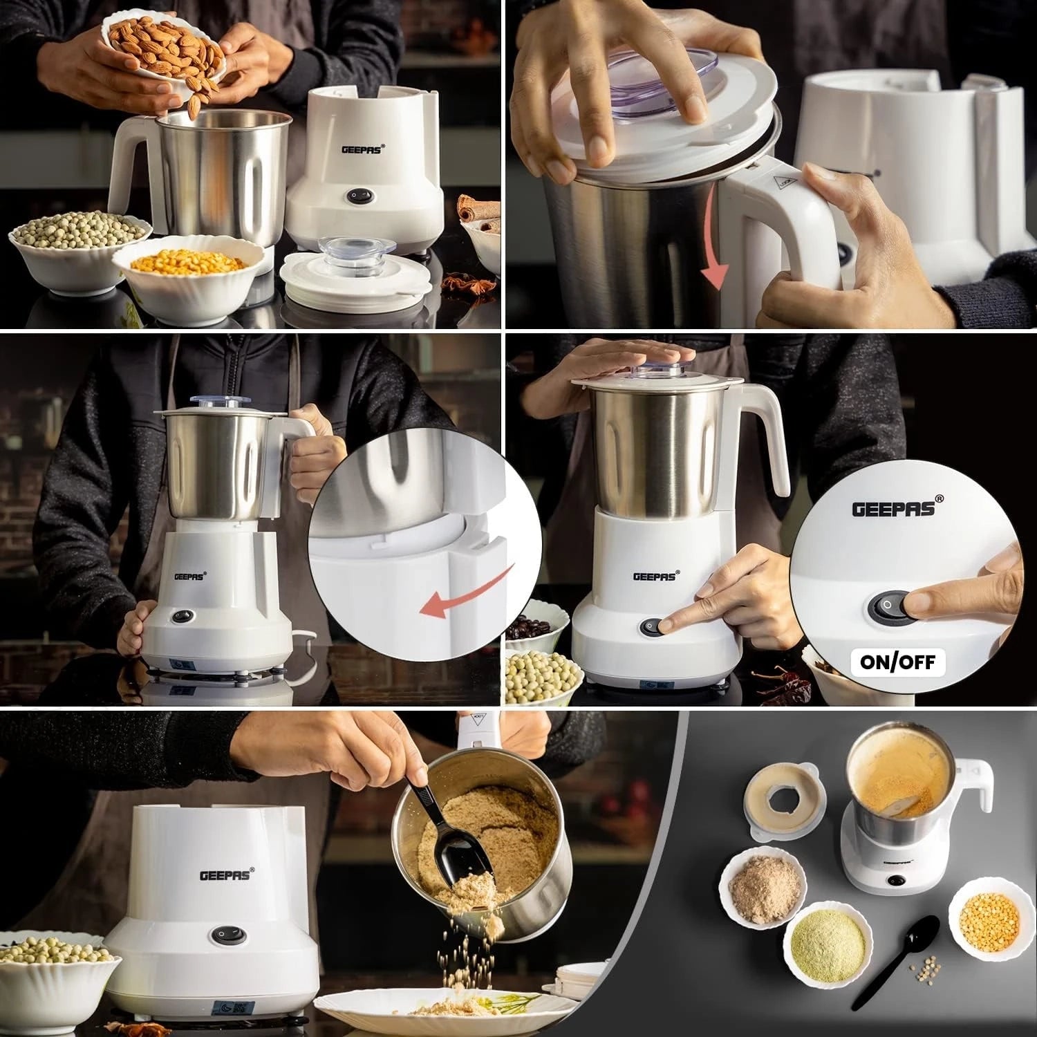 Geepas Coffee Grinder 450W Electric Mill - Large 300ml Capacity - Stainless Steel Blades for Coffee Beans, Spices & Nuts - Detachable Bowl - Transparent Lid - GCG6105 - Damoo