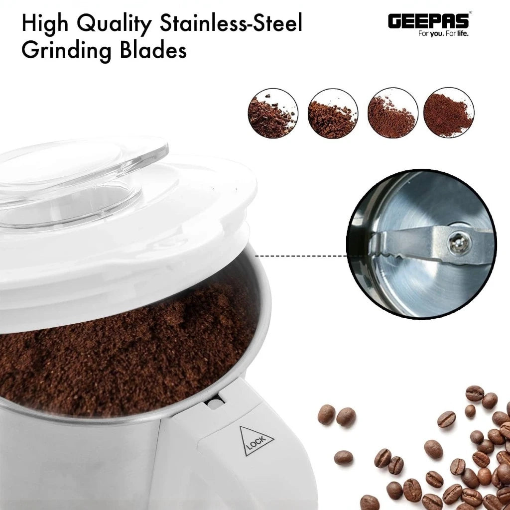 Geepas Coffee Grinder 450W Electric Mill - Large 300ml Capacity - Stainless Steel Blades for Coffee Beans, Spices & Nuts - Detachable Bowl - Transparent Lid - GCG6105 - Damoo
