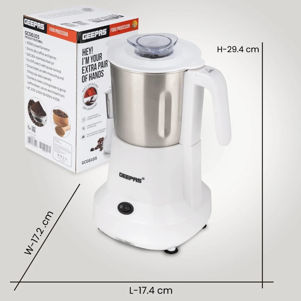 Geepas Coffee Grinder 450W Electric Mill - Large 300ml Capacity - Stainless Steel Blades for Coffee Beans, Spices & Nuts - Detachable Bowl - Transparent Lid - GCG6105 - Damoo