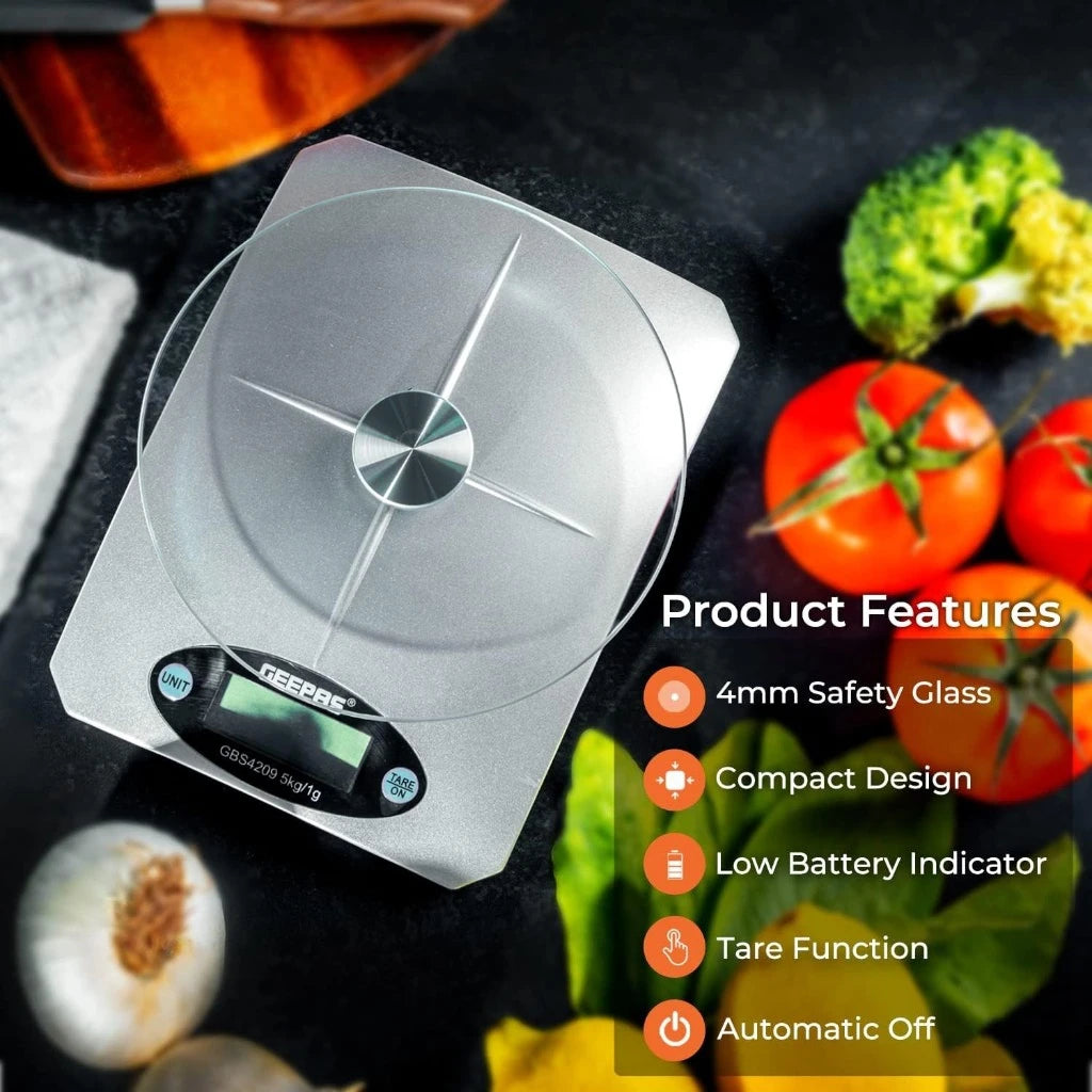 Geepas Digital Kitchen Scale – 5kg Capacity, LCD Backlit Display, Safety Glass Platform, Unit Conversion (g/oz), Compact Food Scale – White - GBS4209 - Damoo