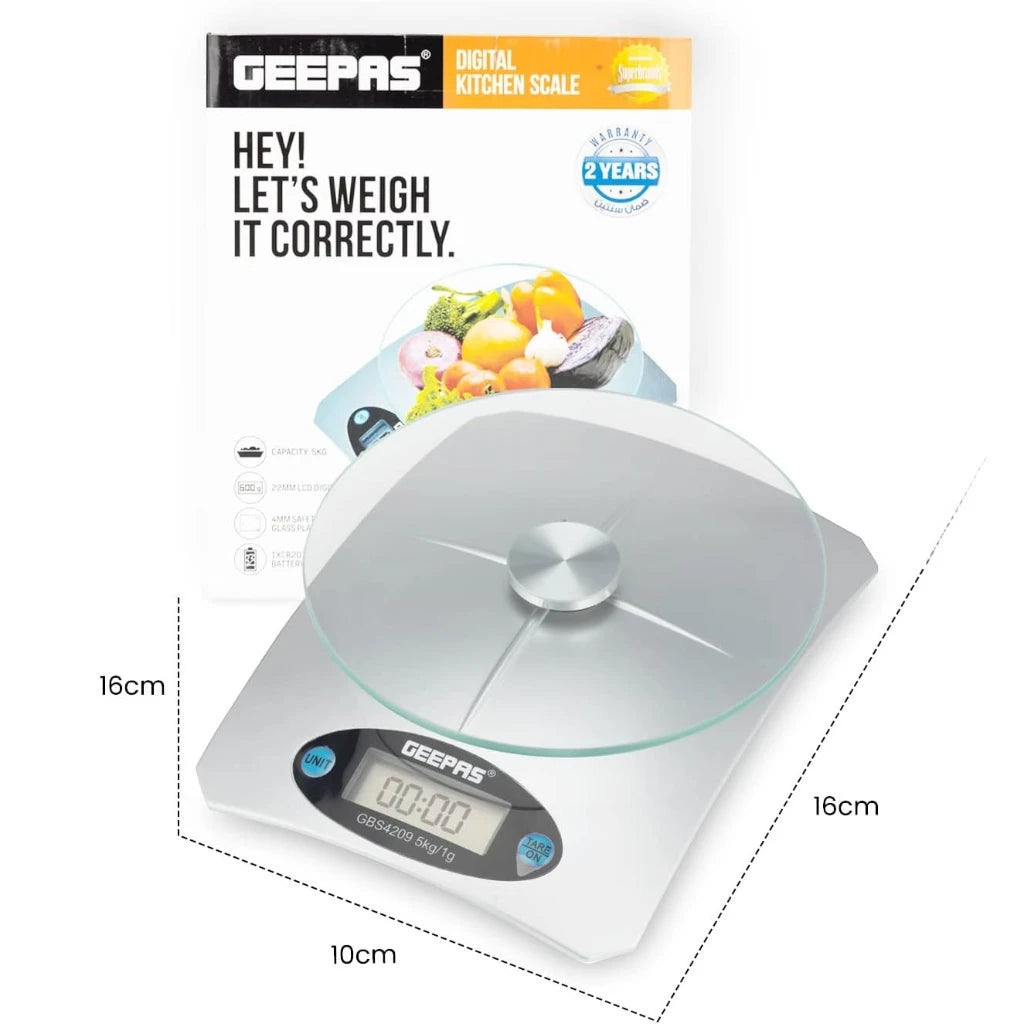 Geepas Digital Kitchen Scale – 5kg Capacity, LCD Backlit Display, Safety Glass Platform, Unit Conversion (g/oz), Compact Food Scale – White - GBS4209 - Damoo