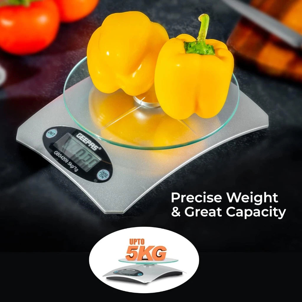 Geepas Digital Kitchen Scale – 5kg Capacity, LCD Backlit Display, Safety Glass Platform, Unit Conversion (g/oz), Compact Food Scale – White - GBS4209 - Damoo