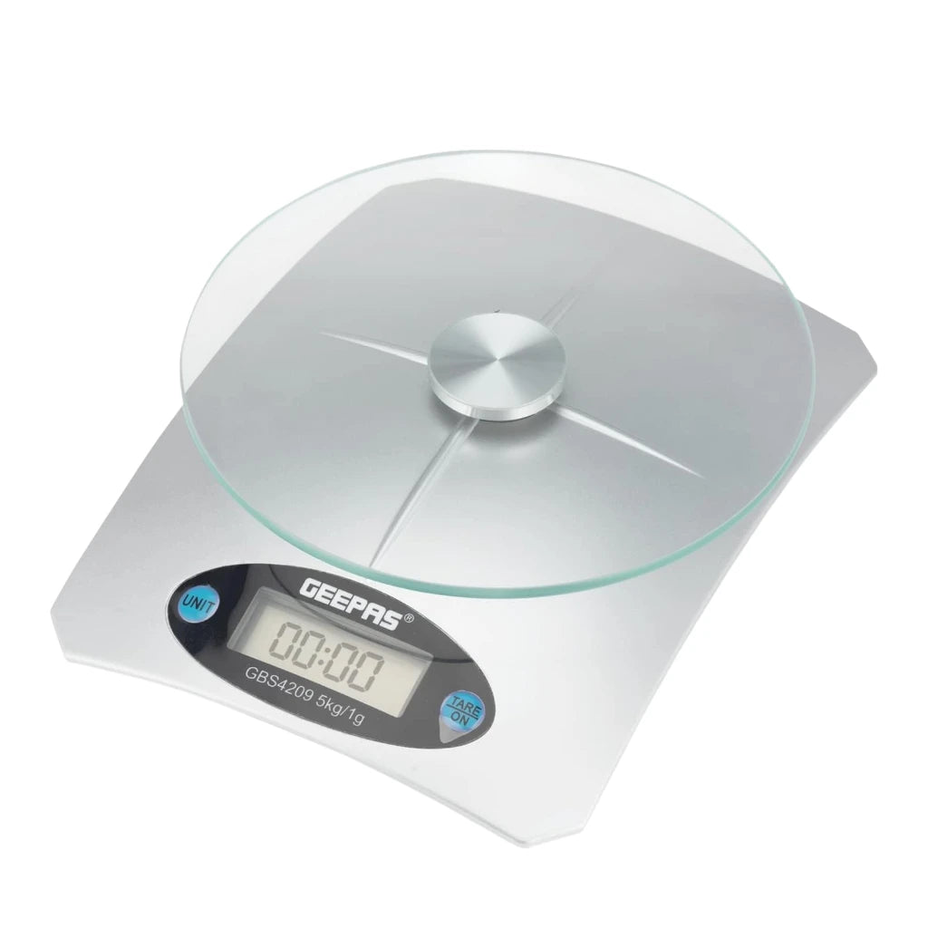 Geepas Digital Kitchen Scale – 5kg Capacity, LCD Backlit Display, Safety Glass Platform, Unit Conversion (g/oz), Compact Food Scale – White - GBS4209 - Damoo