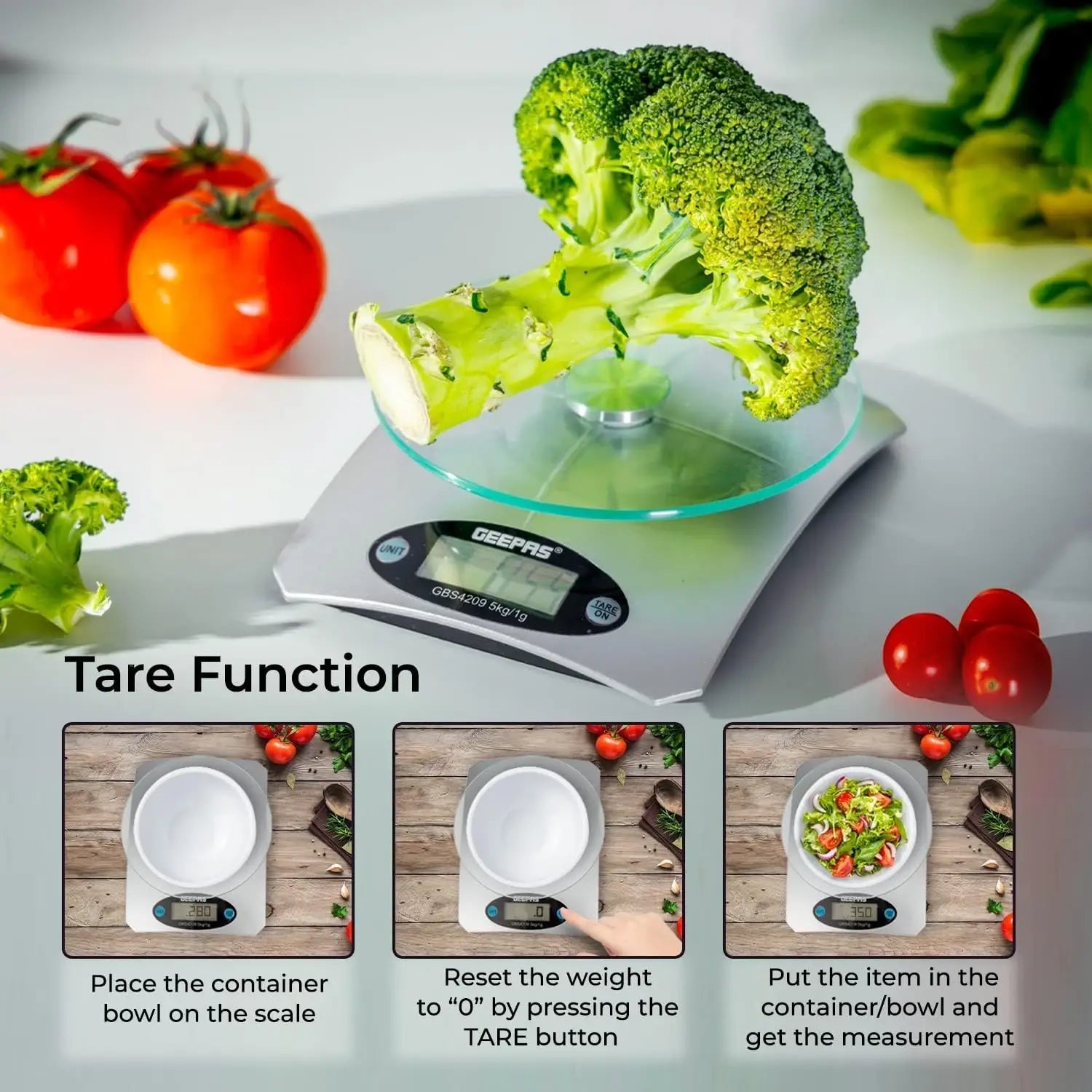 Geepas Digital Kitchen Scale – 5kg Capacity, LCD Backlit Display, Safety Glass Platform, Unit Conversion (g/oz), Compact Food Scale – White - GBS4209 - Damoo
