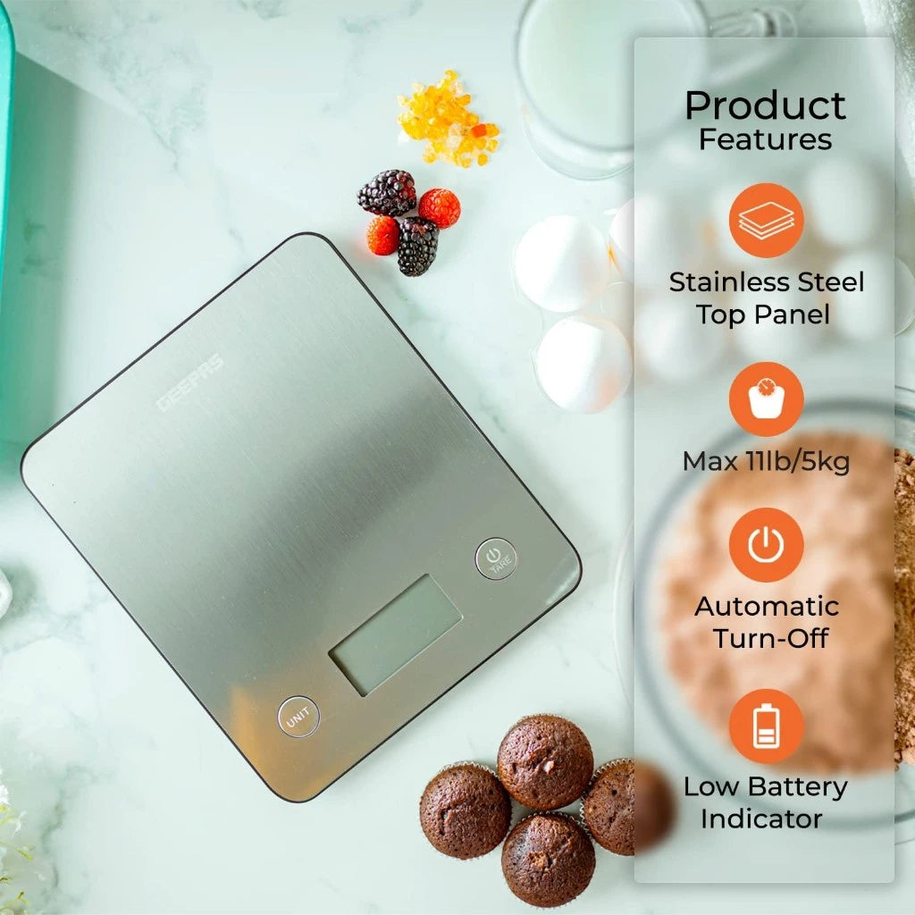 Geepas Digital Kitchen Scale – White, Stainless Steel Top, LCD Display, Tare Function, Multi-Unit Conversion (g, ml, lb:oz, fl.oz), Compact Food Scale for Cooking & Baking - GKS46507UK - Damoo
