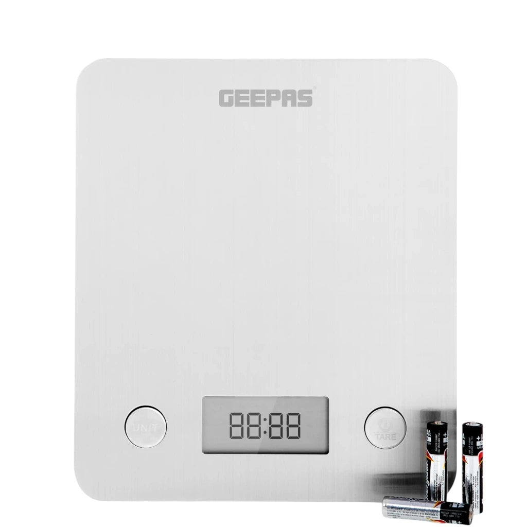 Geepas Digital Kitchen Scale – White, Stainless Steel Top, LCD Display, Tare Function, Multi-Unit Conversion (g, ml, lb:oz, fl.oz), Compact Food Scale for Cooking & Baking - GKS46507UK - Damoo