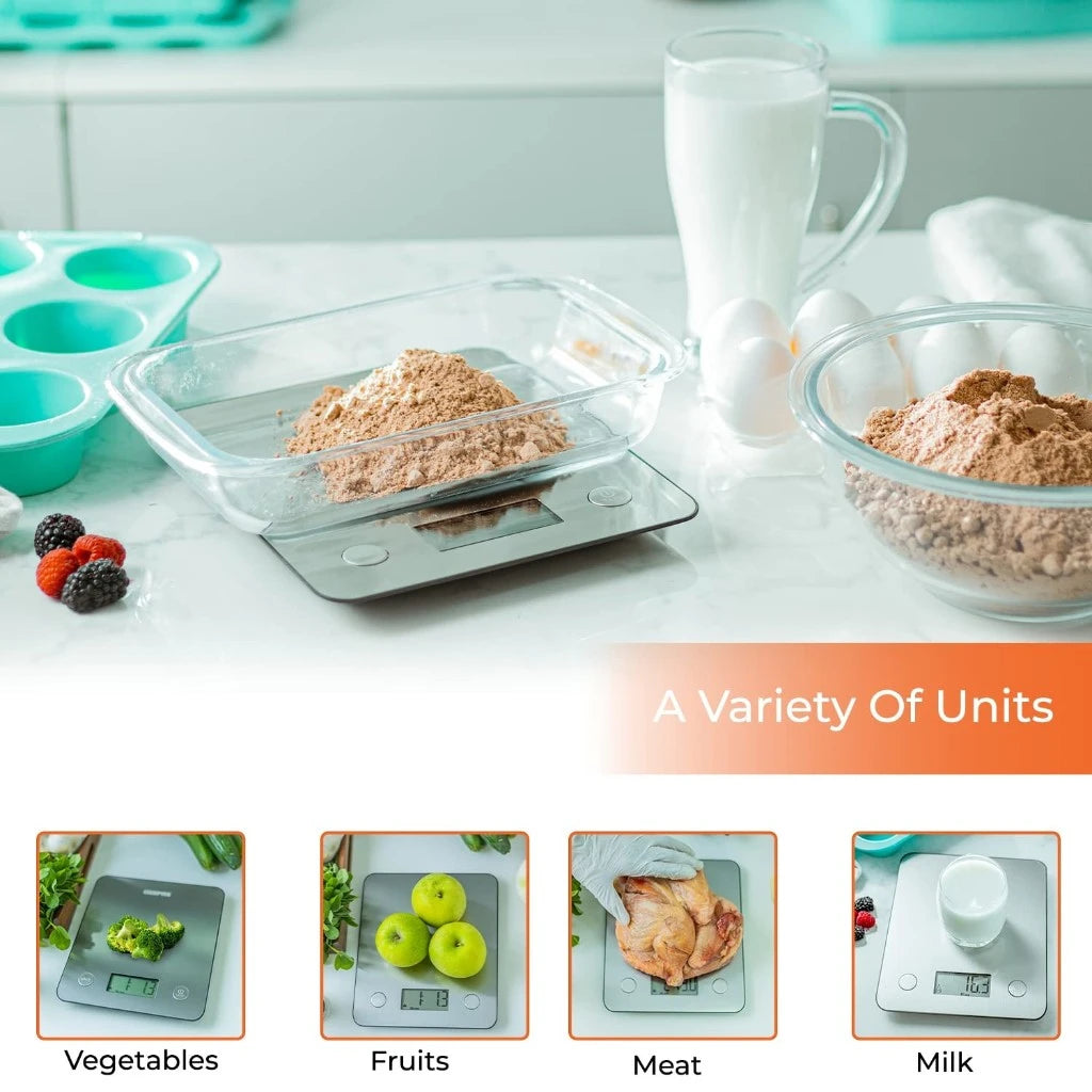 Geepas Digital Kitchen Scale – White, Stainless Steel Top, LCD Display, Tare Function, Multi-Unit Conversion (g, ml, lb:oz, fl.oz), Compact Food Scale for Cooking & Baking - GKS46507UK - Damoo